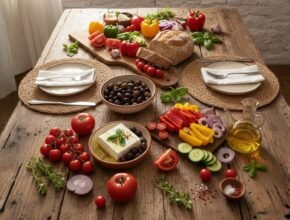 mediterrán diéta, rusztikus fa asztalon zöldséges, olívaolaj, fetasajt