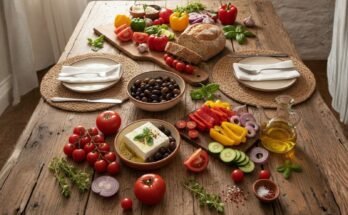 mediterrán diéta, rusztikus fa asztalon zöldséges, olívaolaj, fetasajt