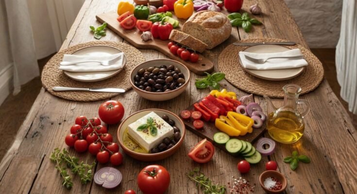 mediterrán diéta, rusztikus fa asztalon zöldséges, olívaolaj, fetasajt