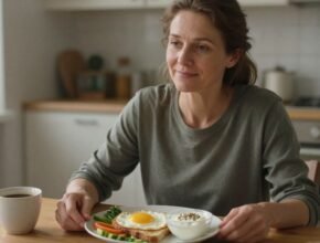 45 év körüli nő fehérjedús reggelit eszik otthon, tükörtojással és zöldségekkel