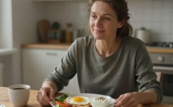 45 év körüli nő fehérjedús reggelit eszik otthon, tükörtojással és zöldségekkel