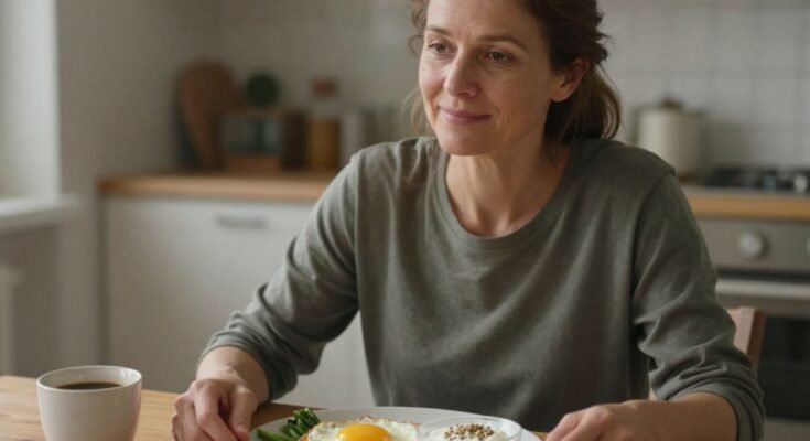 45 év körüli nő fehérjedús reggelit eszik otthon, tükörtojással és zöldségekkel