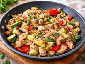 mediterrán zöldséges csirke serpenyőben